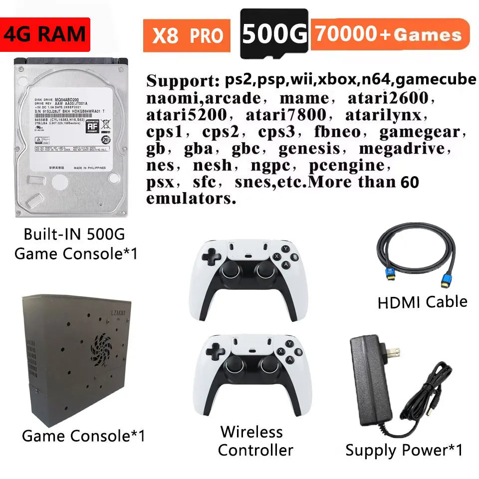 Plug&Play on TV Retro Gaming Device Loaded 70000+ Games for Wii PS2 DC PSP NGC N64 500G X8 Console Win11 Children's Gift