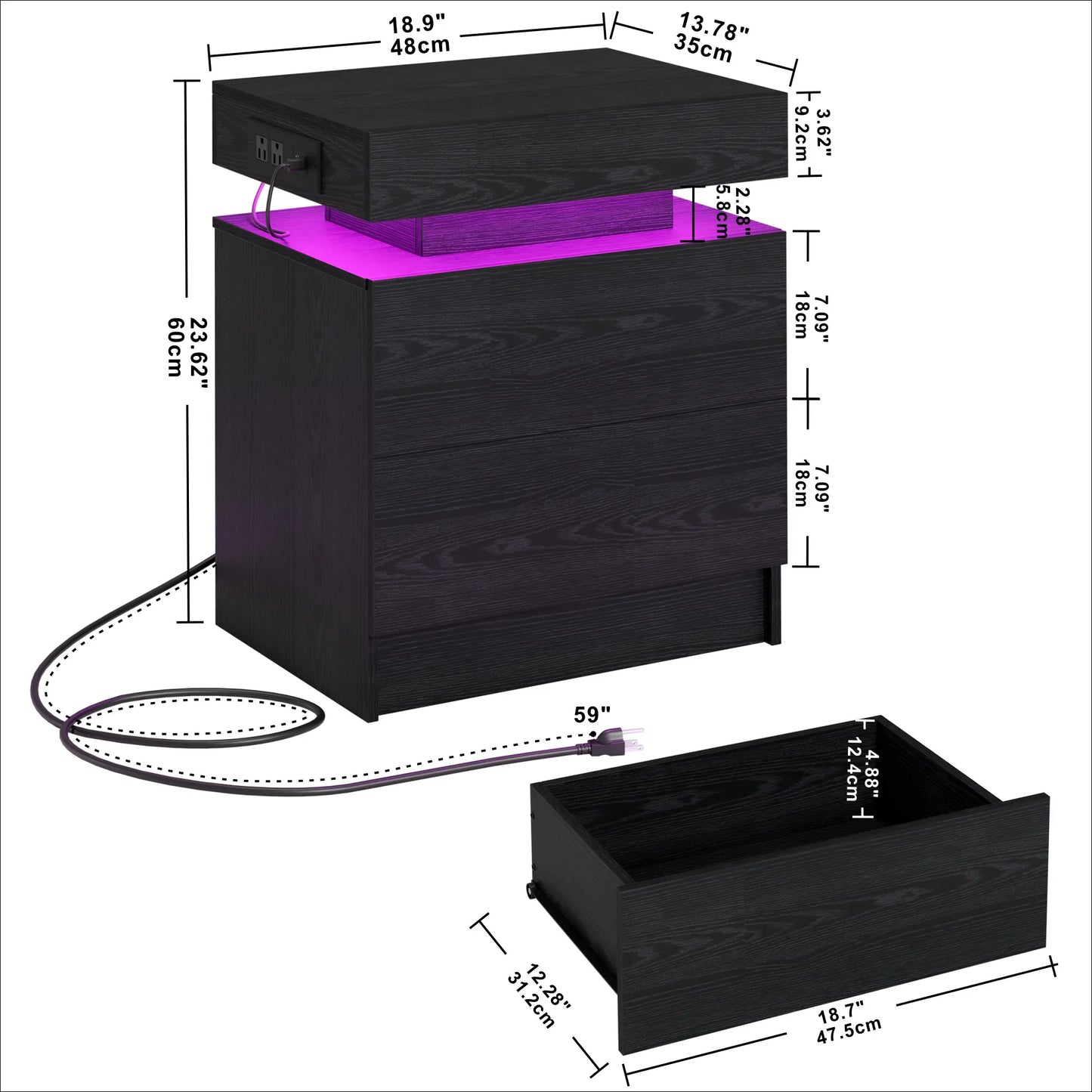 LIKIMIO Night Stand with Charging Station, Modern Nightstand with LED Light and Drawers, Bedside Tables/End Table for Bedroom