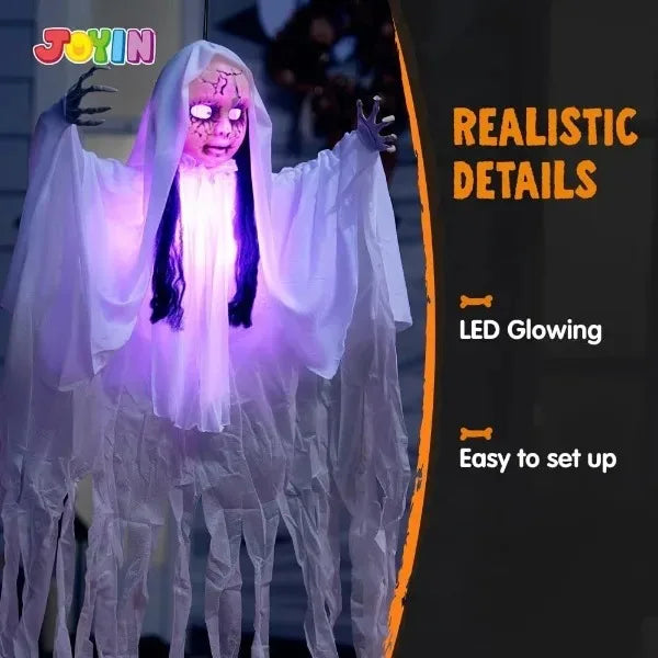 43" Outdoor Halloween Decoration, Scary Girl Hanging Ghost Decor Sound Activated with Light-up Head for Yard, Patio, Haunted House Lawn Garden