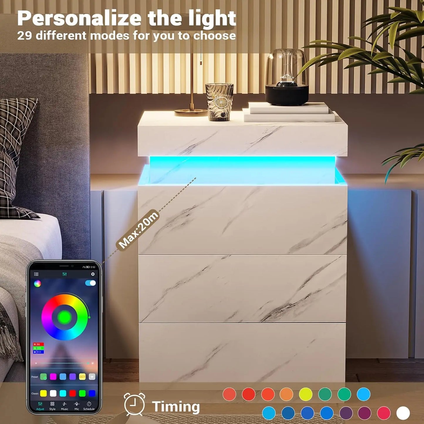 Nightstand Charging Station LED Lights Sliding Top Bedroom Bedside Table Drawers Modern End Side Table White Marble Customized