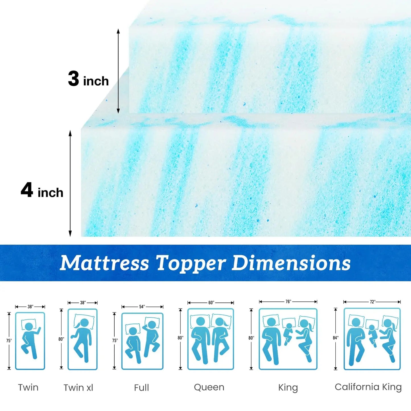 JHK 2-4 Inch Memory Foam Soft Mattress Topper Thick Gel Cooling Mattress Soft and Breathable Bed Topper Bedroom Furniture