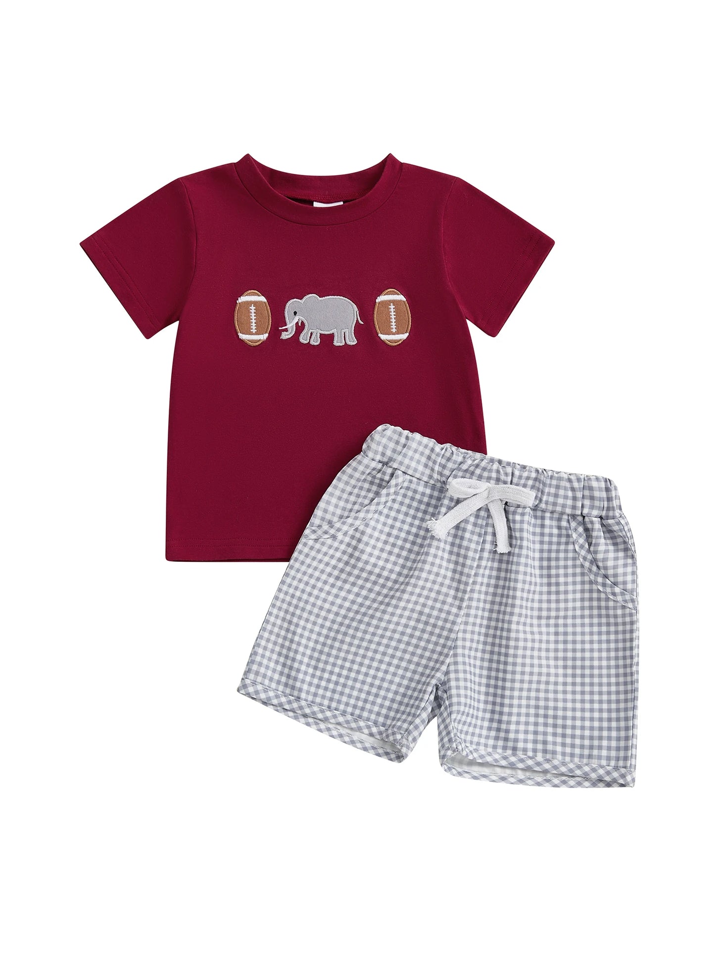 Boys Summer Outfit Set with Short Sleeve O Neck Rugby Elephant Embroidery Top and Plaid Shorts for Toddlers