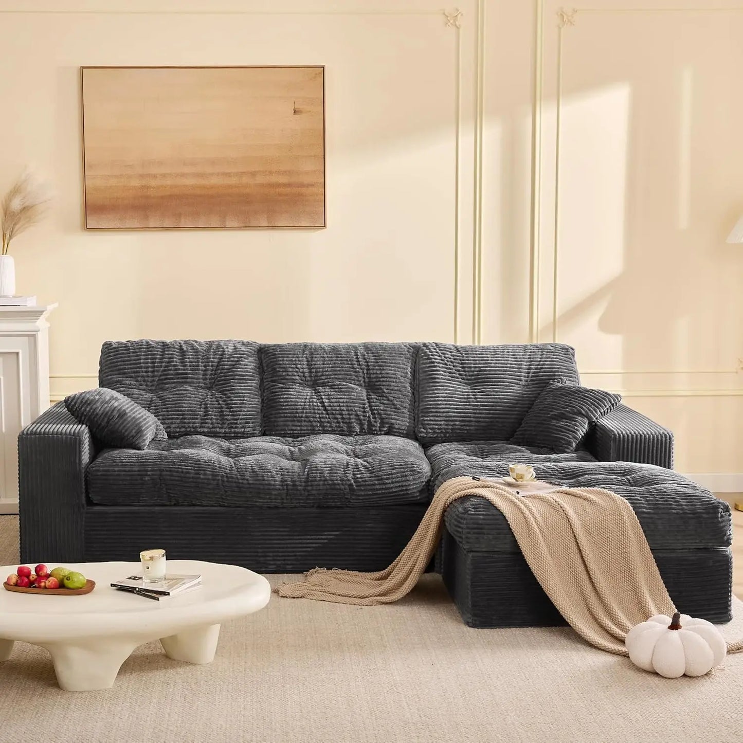 Modular Sectional Sofa, 102” L-Shaped Corduroy Couch with Ottoman, Deep Seat Comfy Sectional for Living Room, Set, Customized