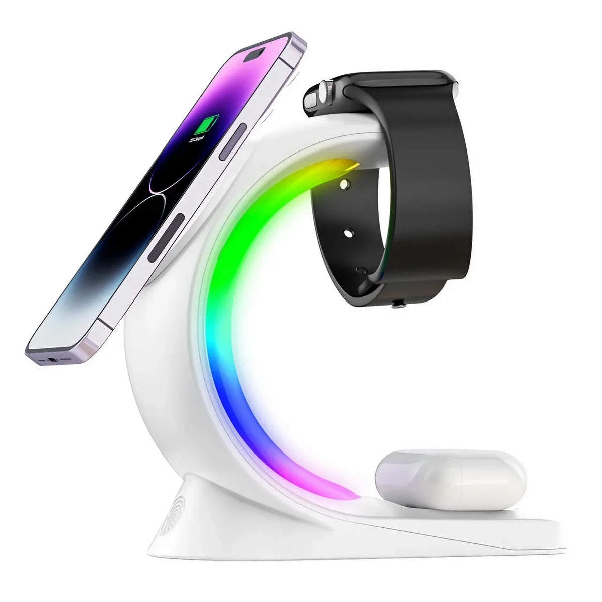 15W Fast Wireless Charger 3-in-1 Magnetic Stand 6-Color RGB Light Multi-Device Charging Station for Apple Devices iPhone AirPods Apple Watch Home Office Desk Bedside Table Organizer Gift Box Packing Travel Foldable