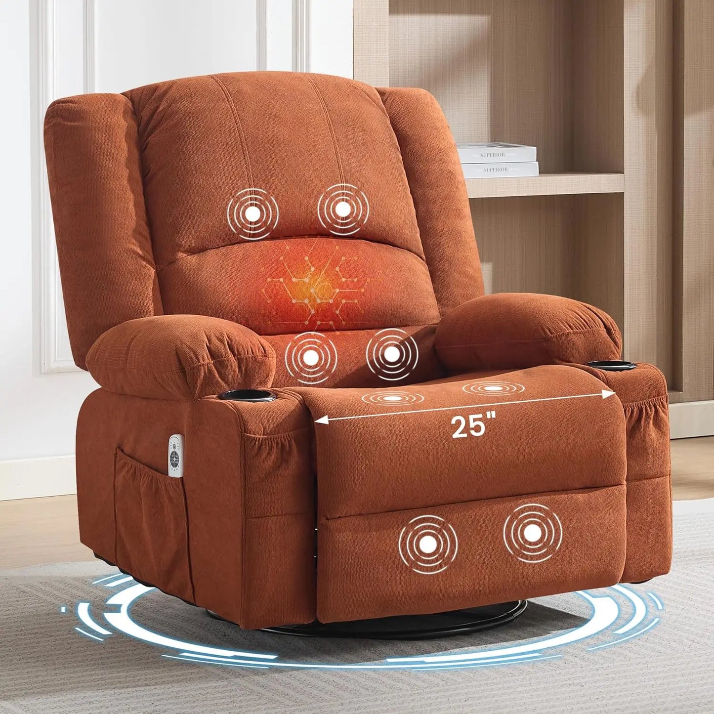 Oversized 360° Swivel Rocking Recliner Chair with Massage & Heat, Big Seat for Adults Living Room, Custom