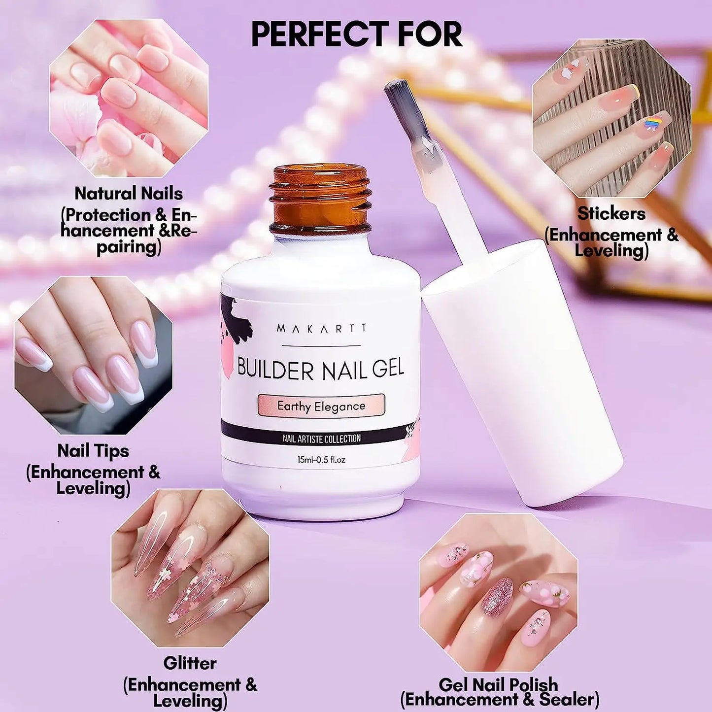 Makartt 5-in-1 Builder Gels Nail Gel Extension Nail Strengthen & Nail Repair Base Coat Nail Polish Soak Off UV/LED Lamp Needed