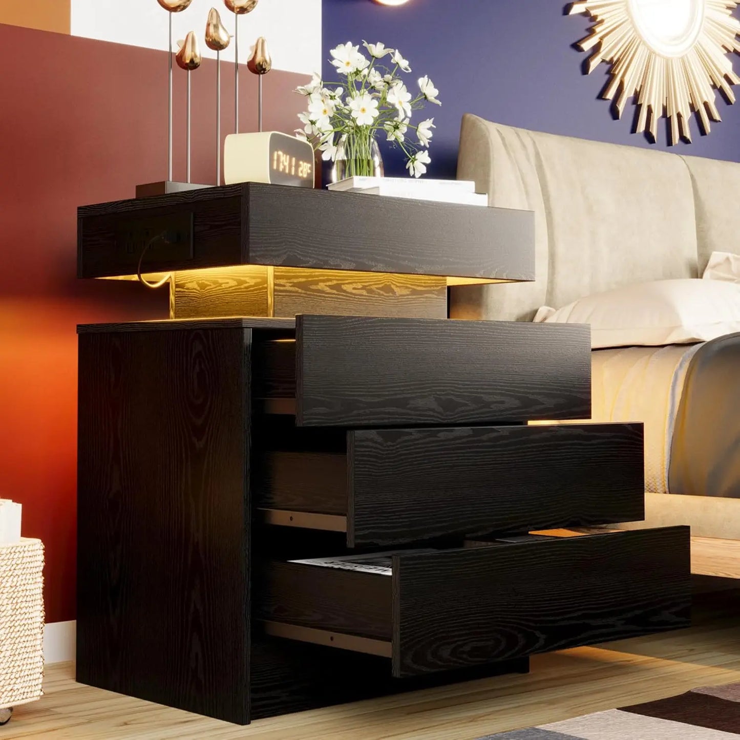 LIKIMIO Night Stand with Charging Station, Modern Nightstand with LED Light and Drawers, Bedside Tables/End Table for Bedroom