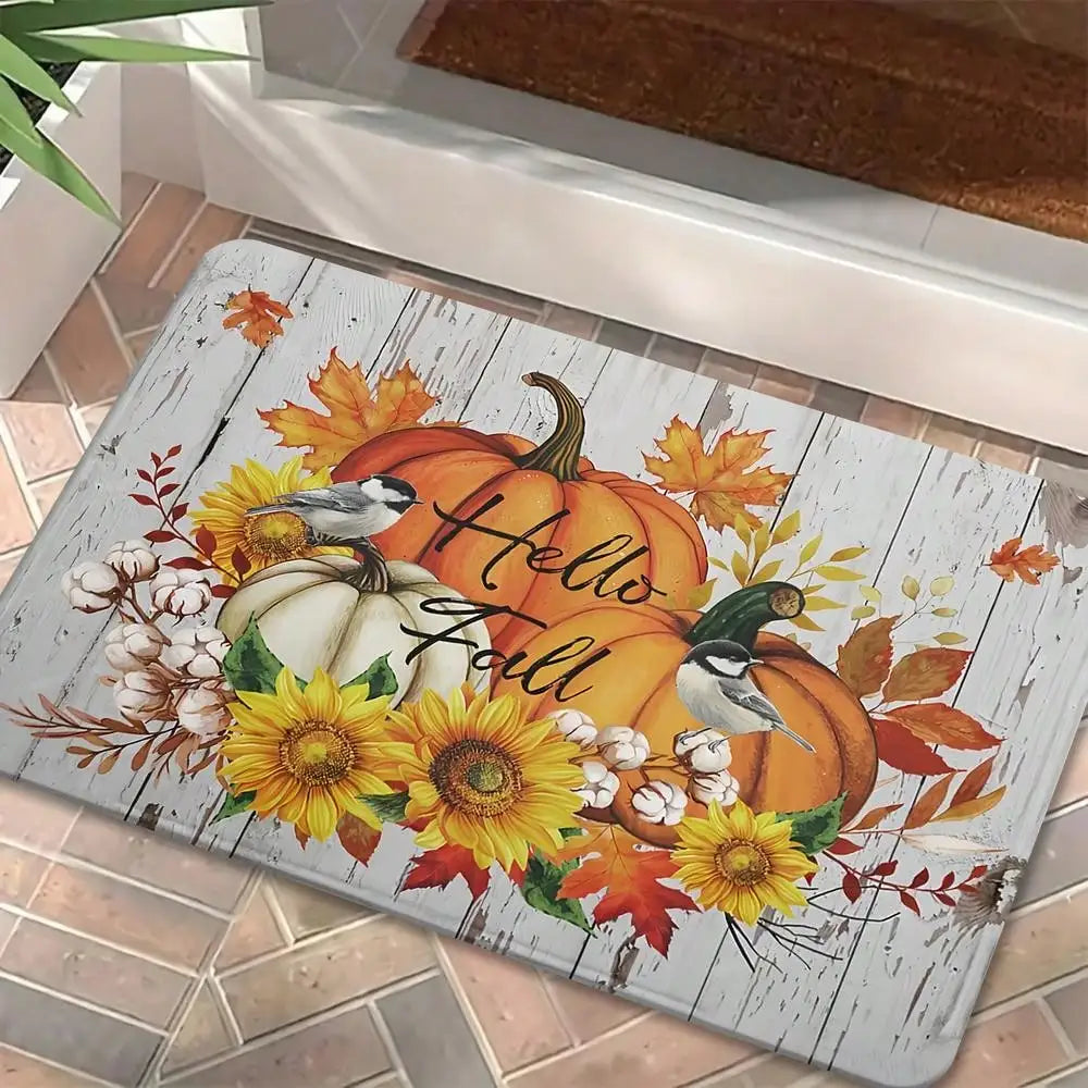 1pc "Hello Fall" Autumn Soft Flannel Non-Slip Floor Mat, Autumn Maple Leaf And Pumpkin Pattern Doormat, Suitable For Laundry Room Decor, Kitchen Mat, Washable