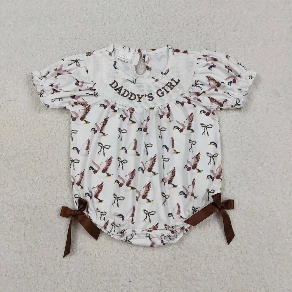 Baby Girls Smocked Ruffle Rompers 'Daddy's Girl' with Bows Duck Hunting Theme Cute Casual Outfit for Little Girls