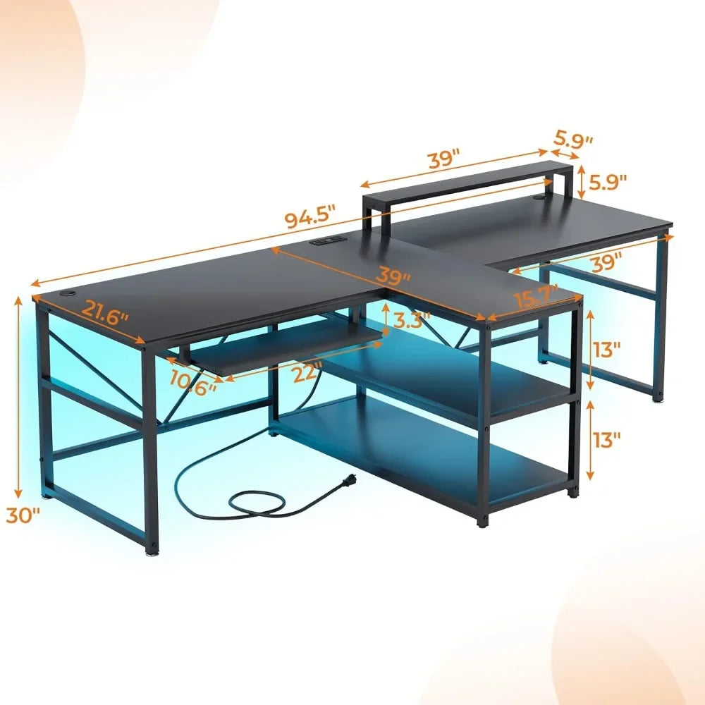 94.5" Office Computer Desk, 2 Person Gaming Desk with Storage, LED Lights, Keyboard Tray, Power Strip