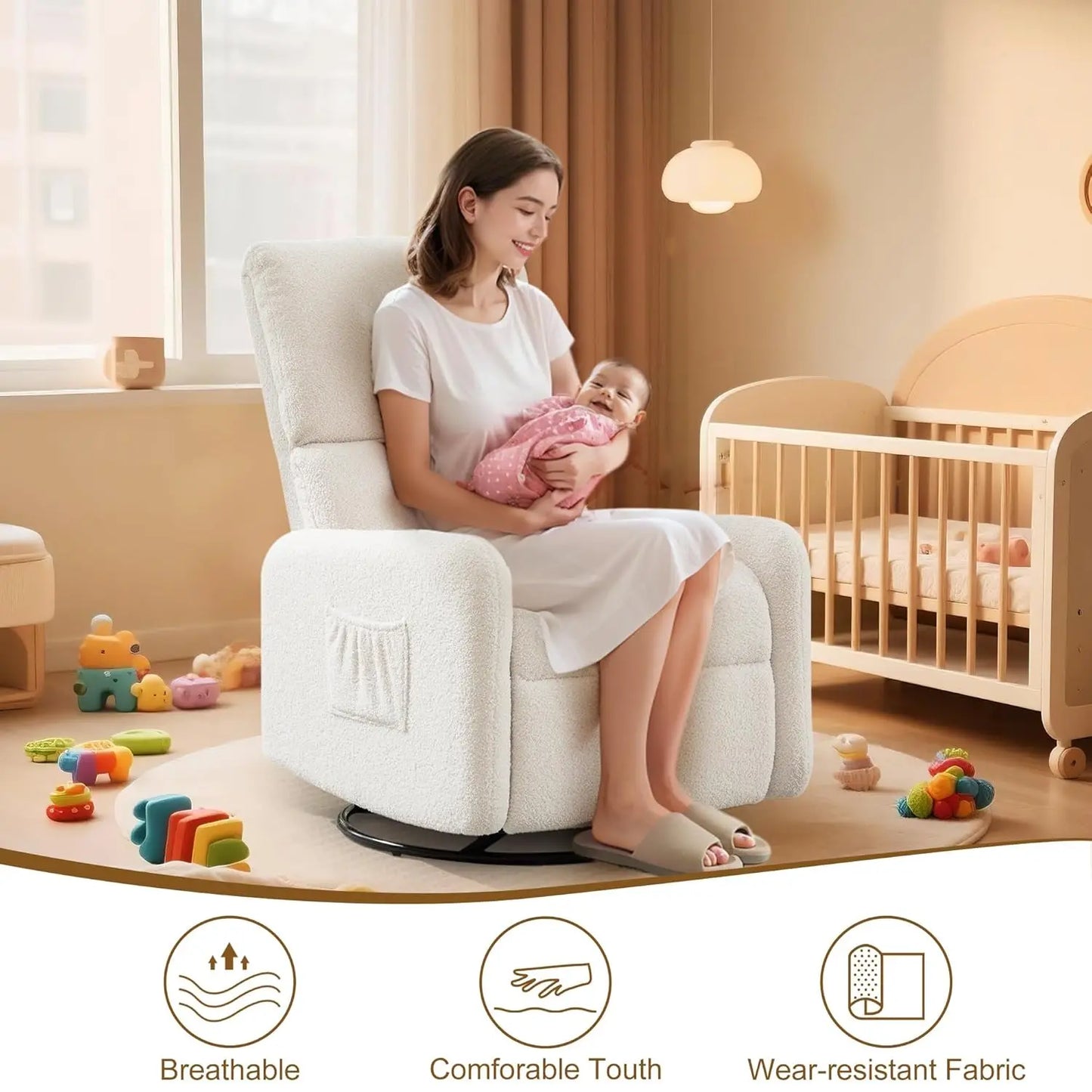 360° Rocking Nursery Glider Chair with Side Pockets Steel Base Small Space Swivel Accent Living Room Sherpa, Customized
