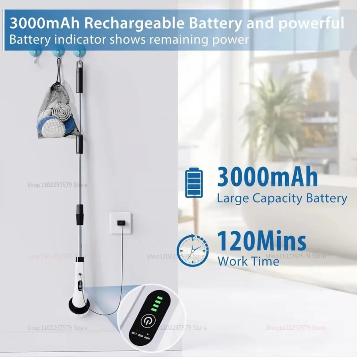 Electric Spin Scrubber Cordless Waterproof 9-in-1 Cleaning Brush with Adjustable Extension Handle for Tub Tile Floor Bathroom