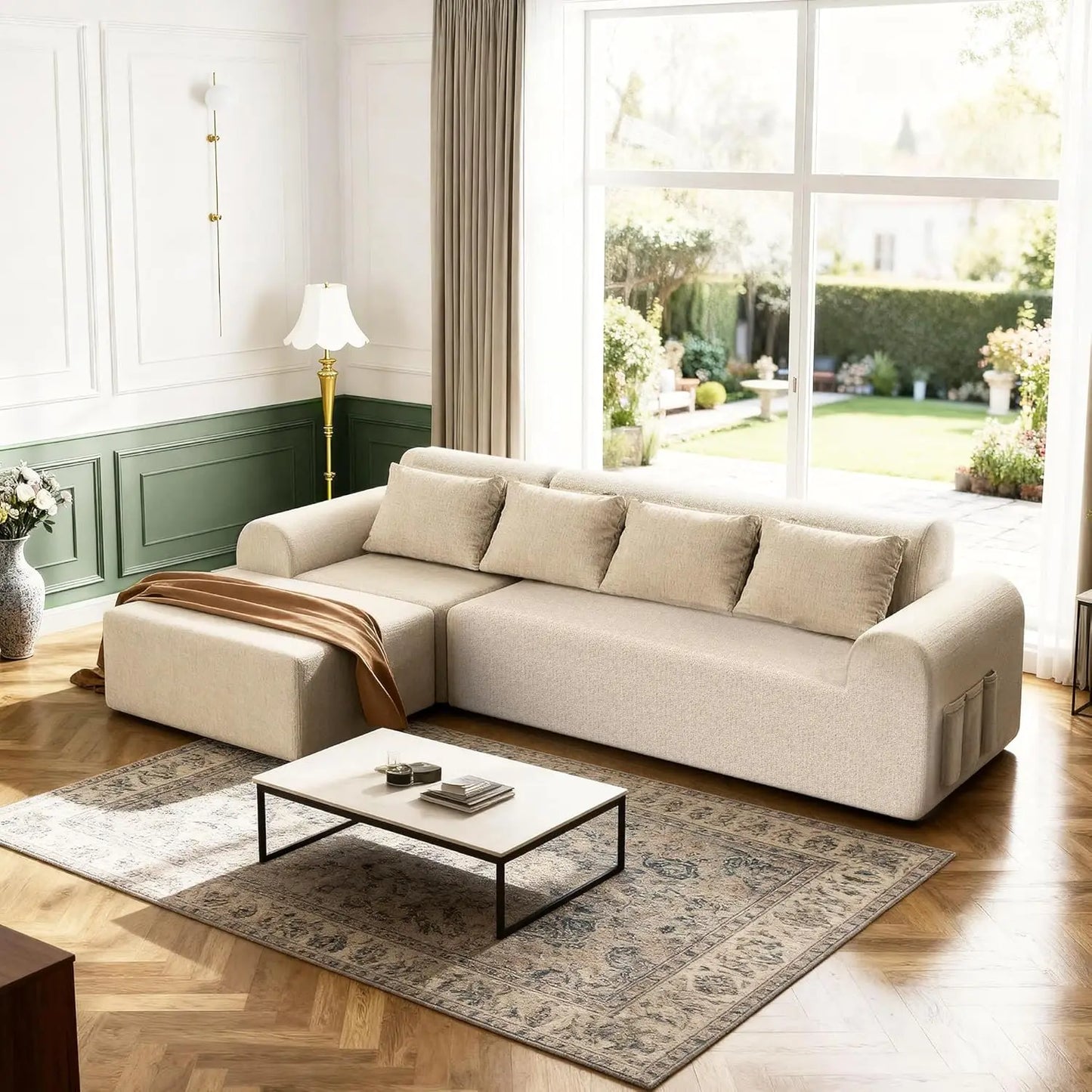 stockout!!Cloud Boneless Sectional Sofa for Living Room, 4-Seater L-Shaped Comfy Couch with Ottoman, 4 Pillows, Deep, Customized