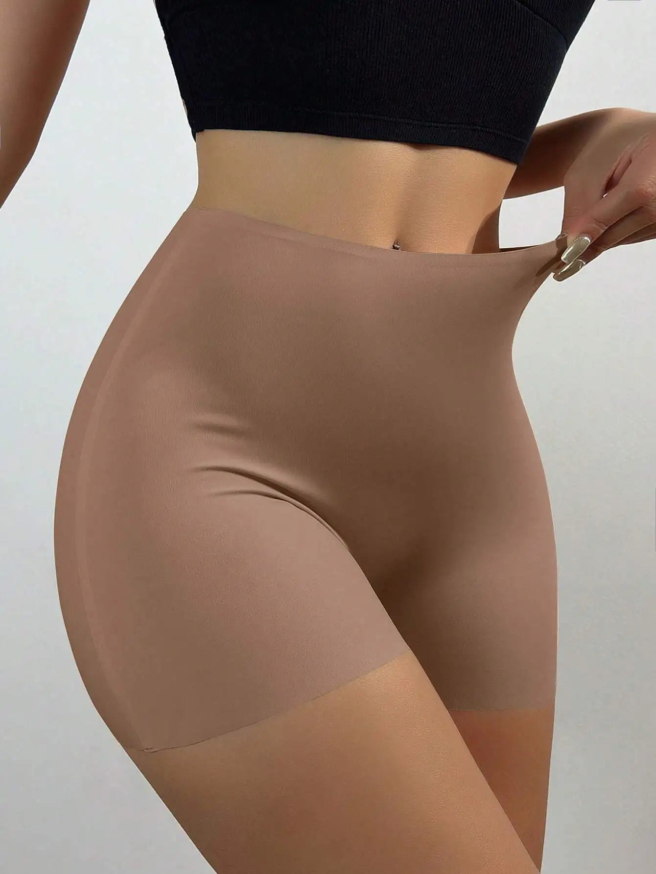 Women's Ice Silk Pants, Mid-Waist Seamless Elastic Shorts, Anti-Lighting, Anti-Roll Edge