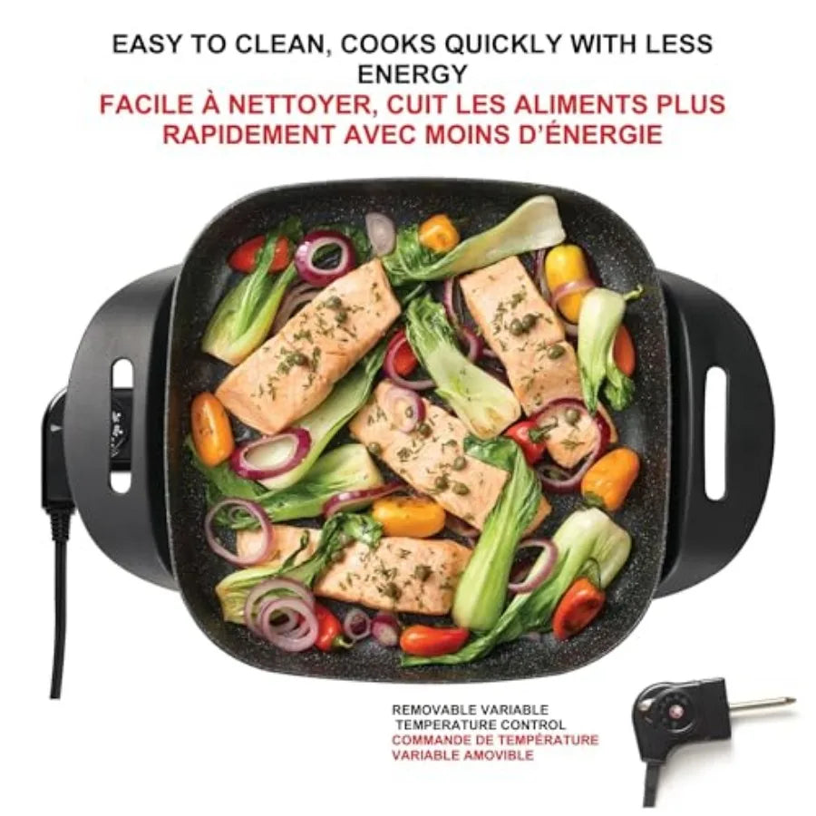 The Rock Electric Skillet - 12" x 12" - Rock.Tec Non-Stick Cooking Surface - Tempered Glass Lid - 1200W