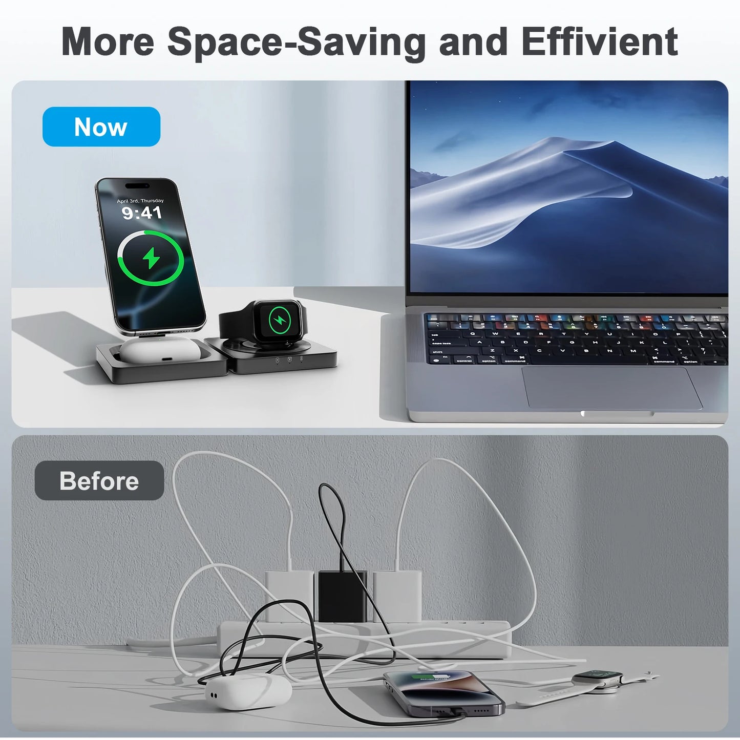 Magnetic Wireless Charger 3-in-1 Folding Fast Charging Station Foldable Travel for Magsafe iPhone 17/16/15/14/13 Watch Airpods
