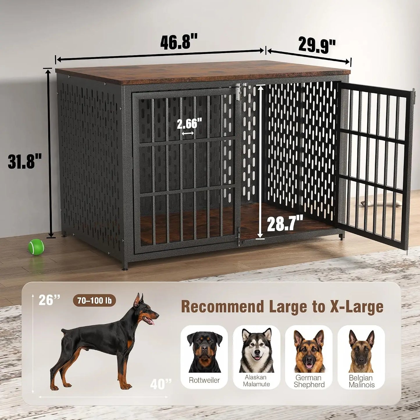 Heavy Duty Dog Crate Furniture 48In, Indestructible Cage for High Anxiety Dogs with Wooden Table for Indoor, Customized