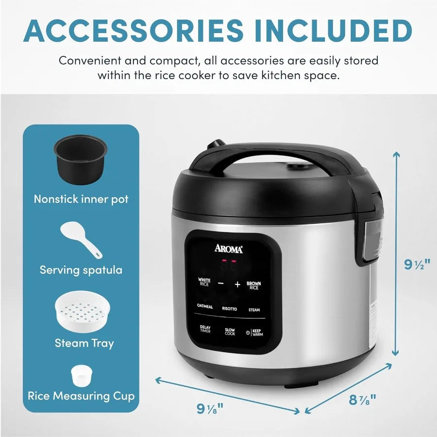 Digital Rice Cooker with 4-Cup Uncooked / 8-Cup (Cooked) Capacity Integrated Steamer Multicooker Functionality Slow Cooking Opt
