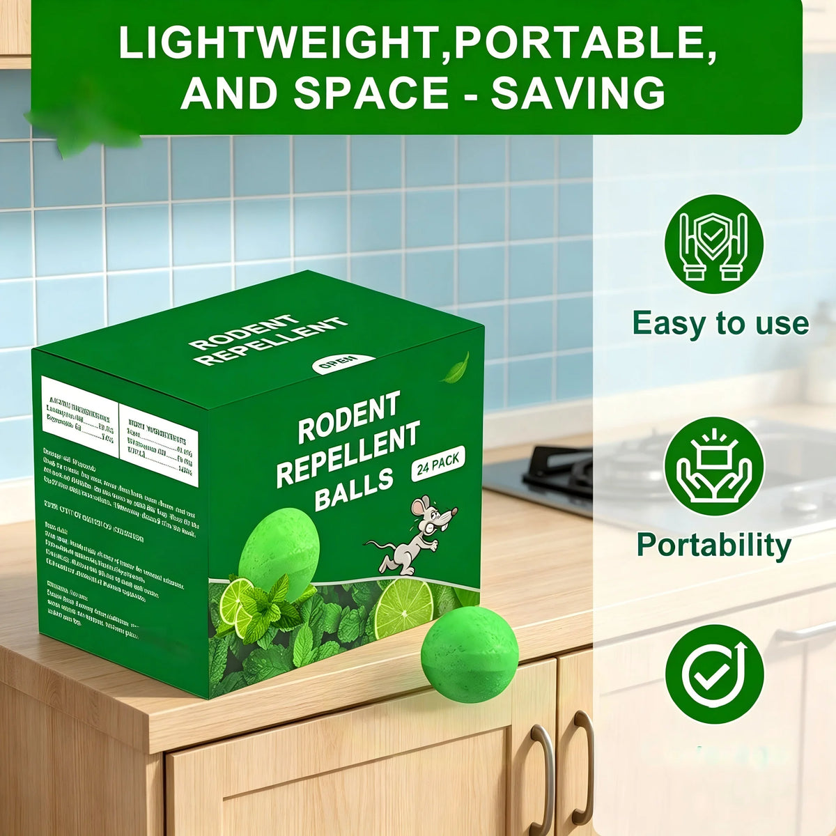 24 PCS - Natural Rodent Repellent Balls. Effectively Repel Squirrels, Mice, Rats, Spiders, Cockroaches and Other Pests. Ideal for Kitchens, Warehouses, Vehicles, Indoor and Outdoor Use. Safe for Families and Pets.