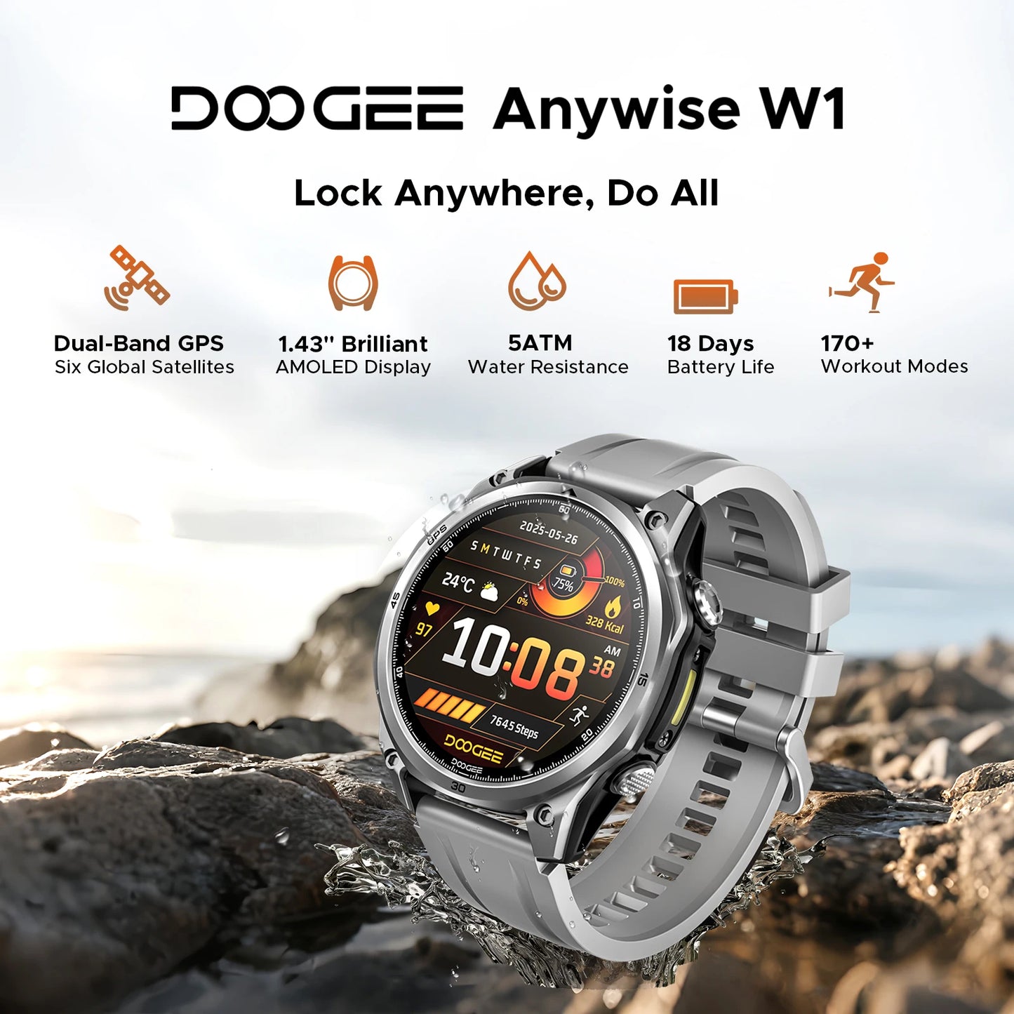 DOOGEE ANYWISE W1 Smart Watch 5ATM Water Resistance 178 Sports Modes 24h-Health Monitoring Dual-frequency GPS Reminder function