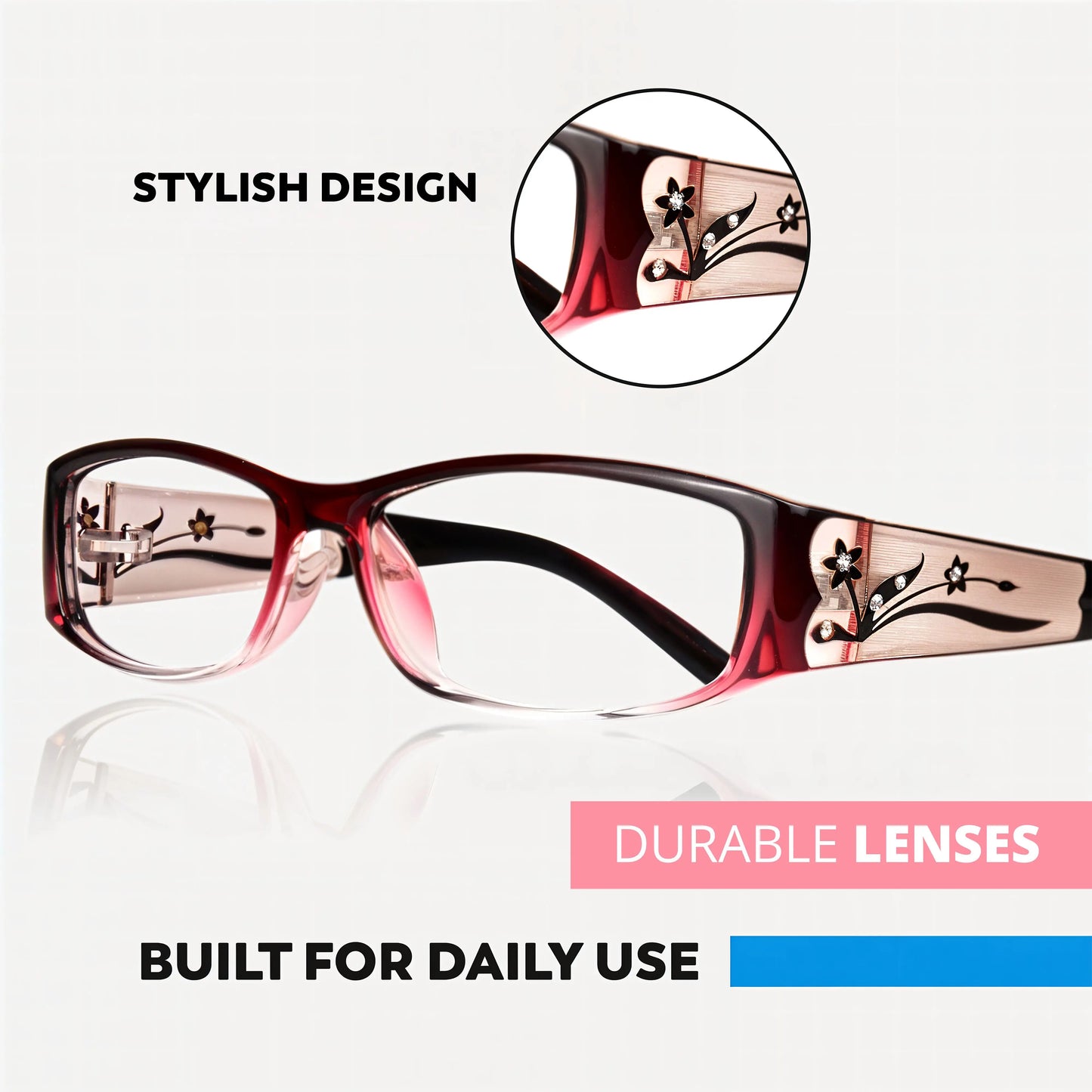 EYEBOGO Kaylee Burgundy Women Reading Glasses Rectangle Classic Frame Readers Eyeglasses with Diopter +1.00 to +6.00