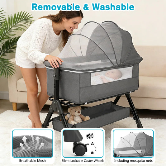 Portable Baby Bassinet Foldable Height Splicing Baby Cradle Bed 3 in 1 Baby Bassinet Bedside Sleeper for 0-18 MonthsInfant
