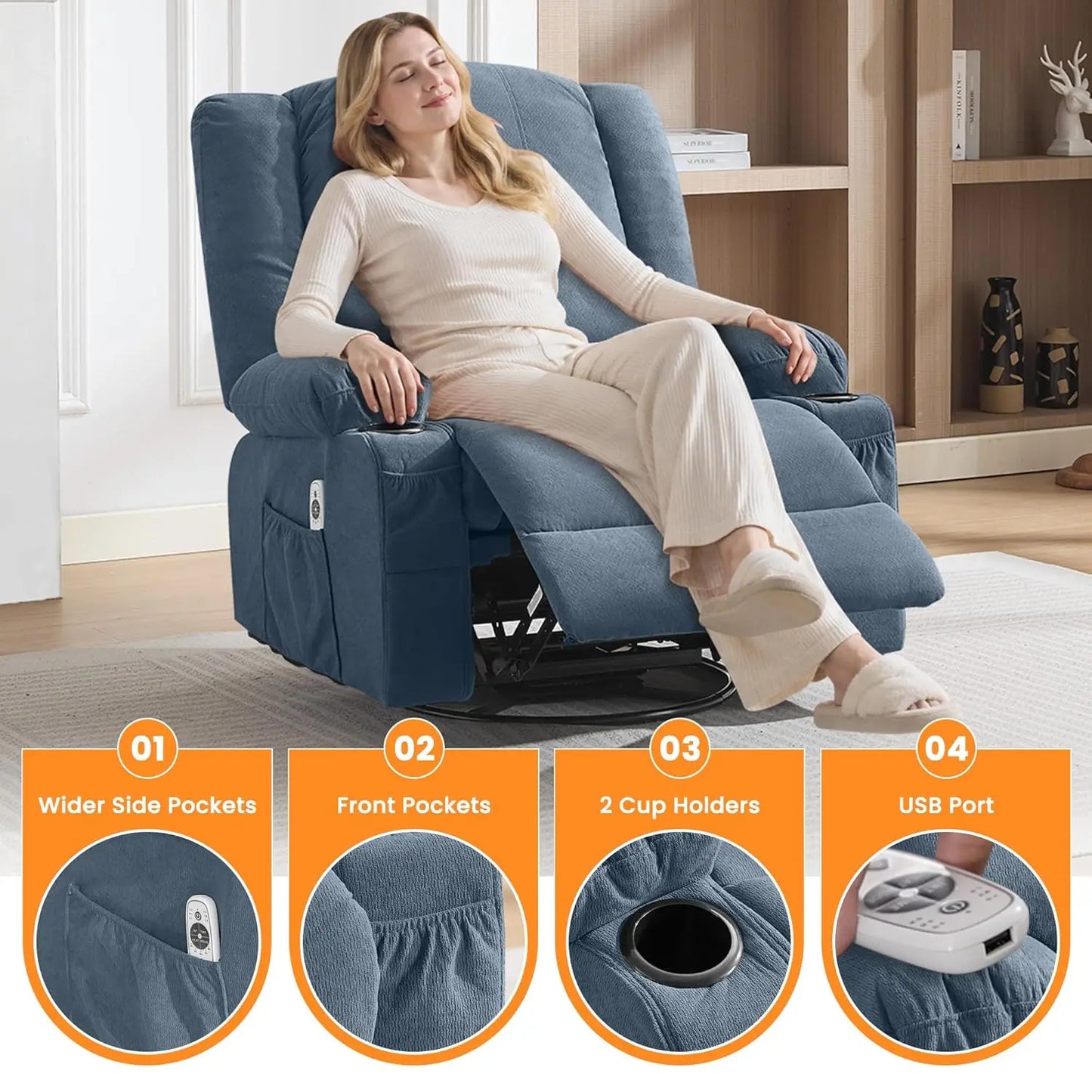 Oversized 360° Swivel Rocking Recliner Chair with Massage & Heat, Big Seat for Adults Living Room, Custom