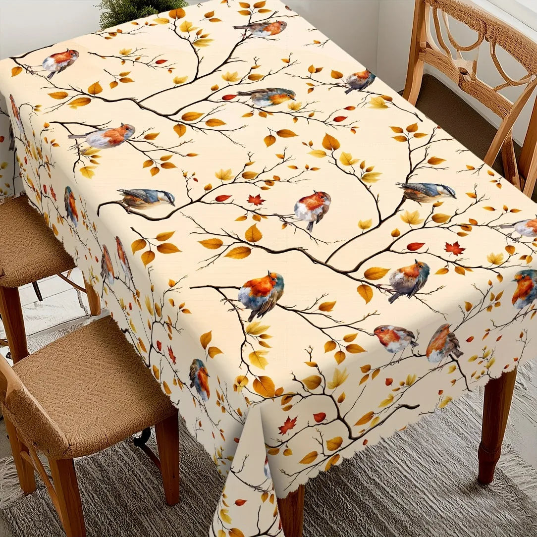 1pc Tablecloth, Autumnal Table, Design with Desolate Maple Leaves And Birds, Retro Country Casual Tablecloth, Autumn Decoration, Polyester Round Rectangular And Oval Tablecloths, Suitable for Indoor/Outdoor Parties, Festive A
