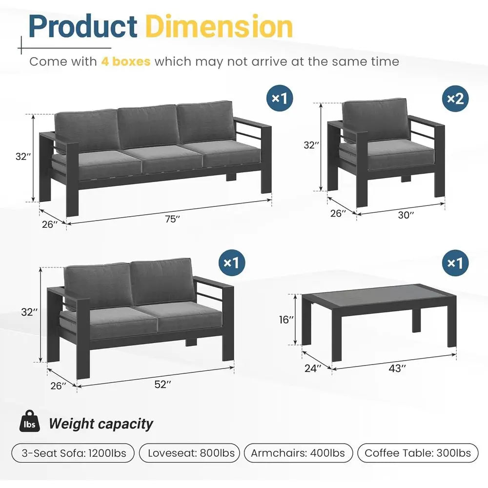 All-Weather Oversized Metal Patio Furniture Set with Deep Seating and Wide Armrests, Gray
