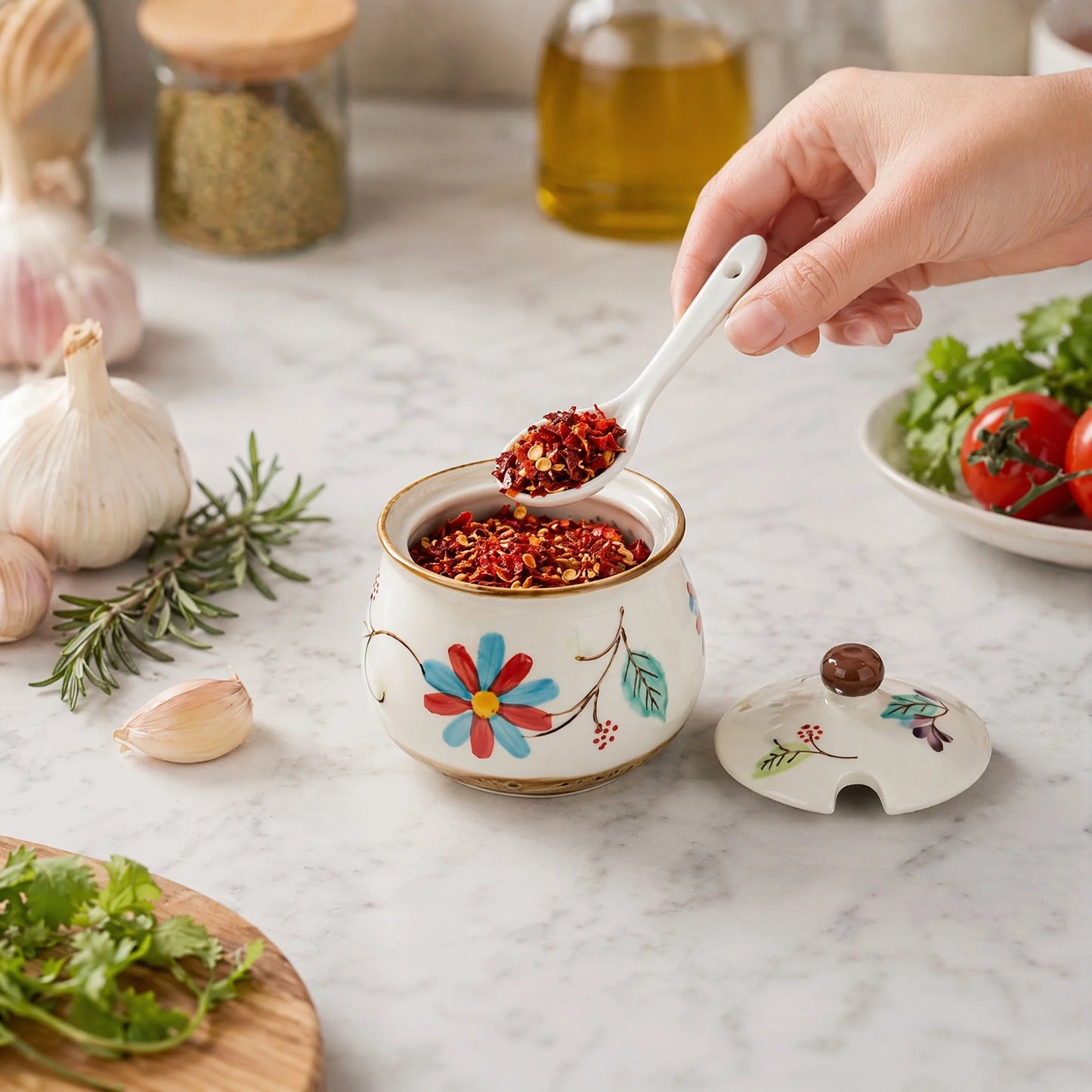 3-Piece Ceramic Spice Jar Set with Tray, Hand-Painted Japanese Vintage Seasoning Jars, Large Capacity 330ml Kitchen Storage Containers with Spoons, Non-Slip Base
