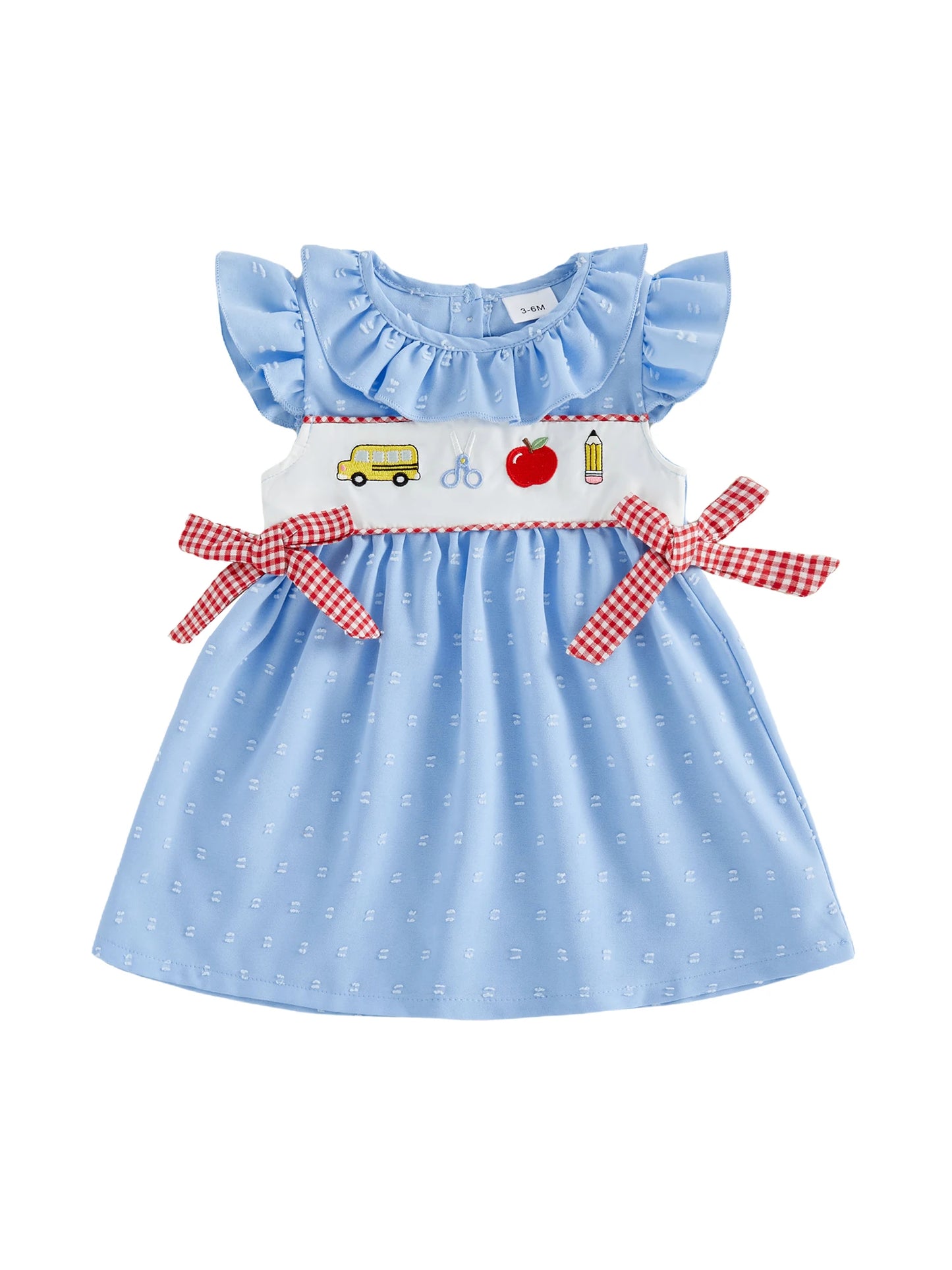 Girls Plaid Bow Embroidered Ripped Flutter Sleeve Crewneck A-line Dress for Back to School with a Touch of Summer Spring Style