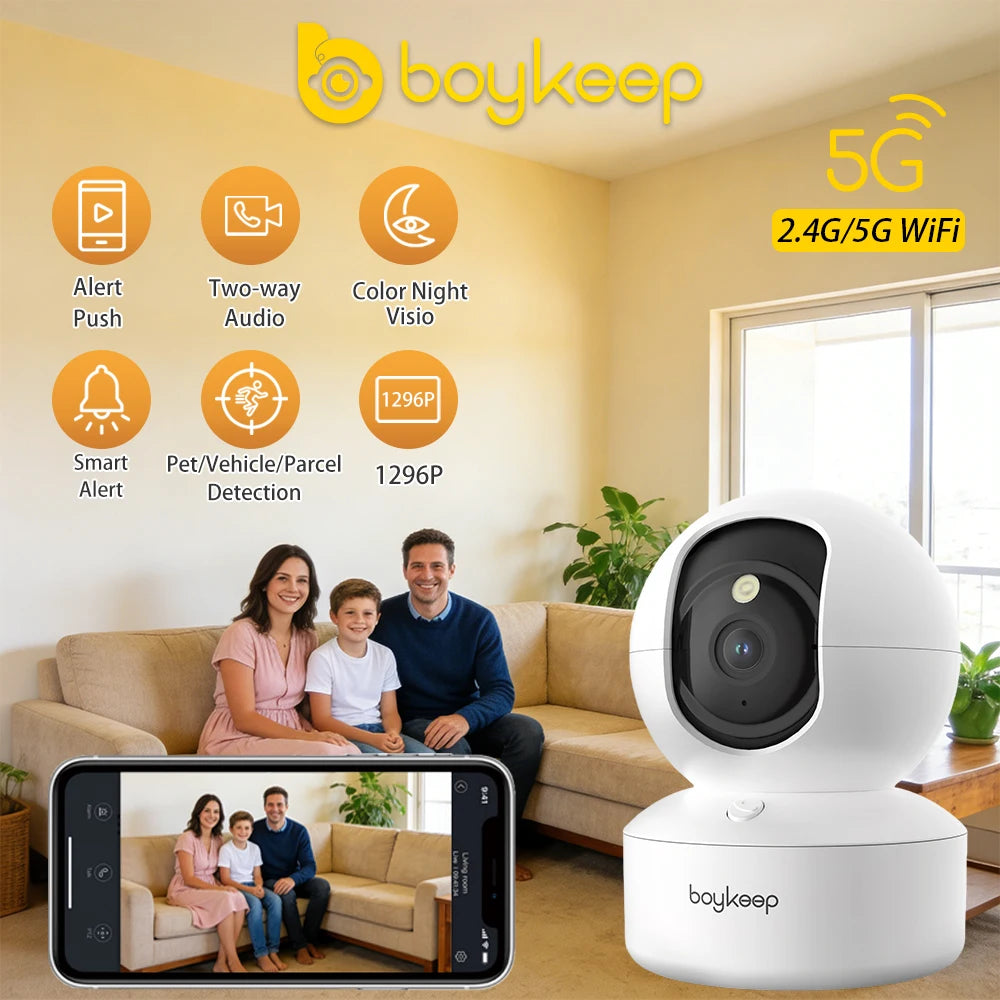 BoyKeep 2K Smart WiFi Security Camera Dual Band 5G/2.4GHz Indoor Surveillance Camera, 360° PTZ, IR Night Vision, Two-Way Audio