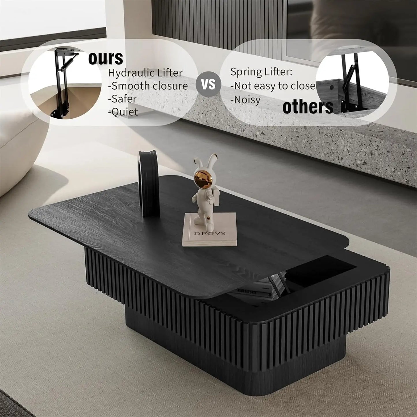Lift Top Coffee Table Hidden Storage Mid Century Modern Wood Veneer Rectangle Living Room Small Space 38.6inL×14inH Black Custom