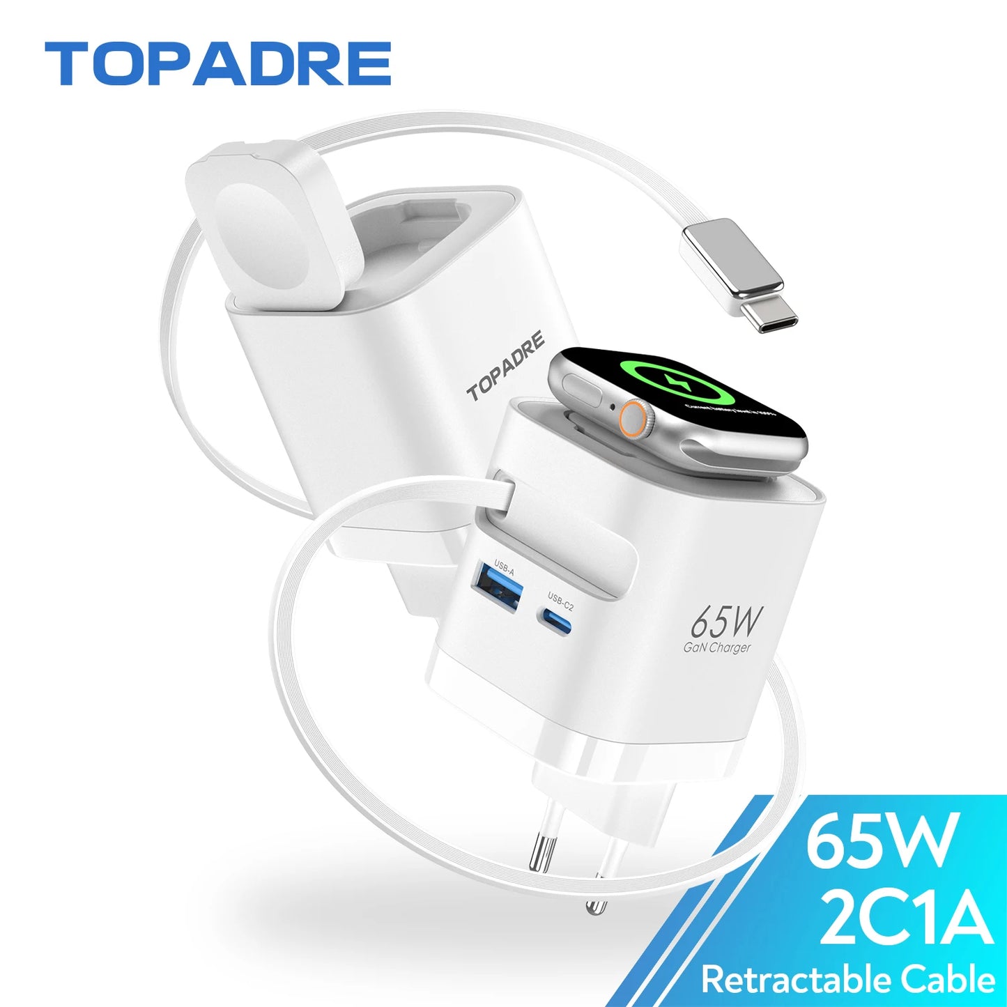 TOPADRE Retractable 65W For Apple Watch Wireless Charger, Rapid Charging for Macbook, for iPhone, iPad Smartphone, Foldable