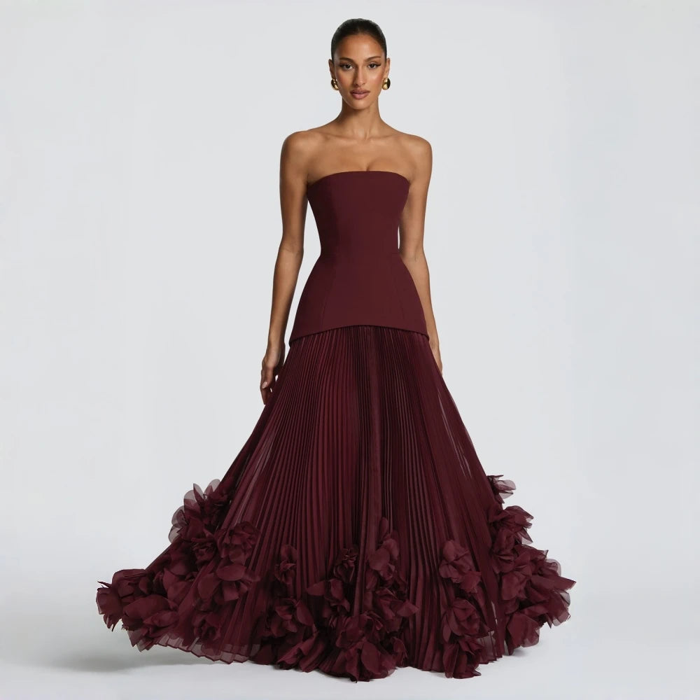 Elegant 3D Flower Lace Up A Line Solid Spliced Sheer Dresses Strapless Sleeveless Patchwork Applique Maxi Dress Female Clothing