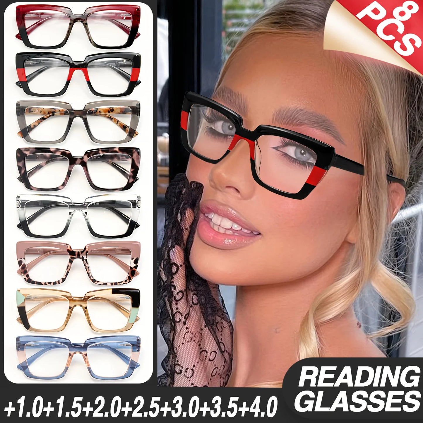 8 pairs of stylish rectangular reading glasses, vintage print contrasting design, high-quality spring hinges, women's Christmas gifts