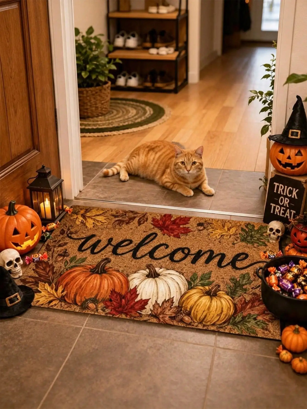 1pc Fall Pumpkin And Maple Leaf Welcome Pattern Rugs/Door Mat, Nonslip Comfortable, Easy To Clean, Ideal For Entryway Bedroom Living Room, Fall Decor, Halloween
