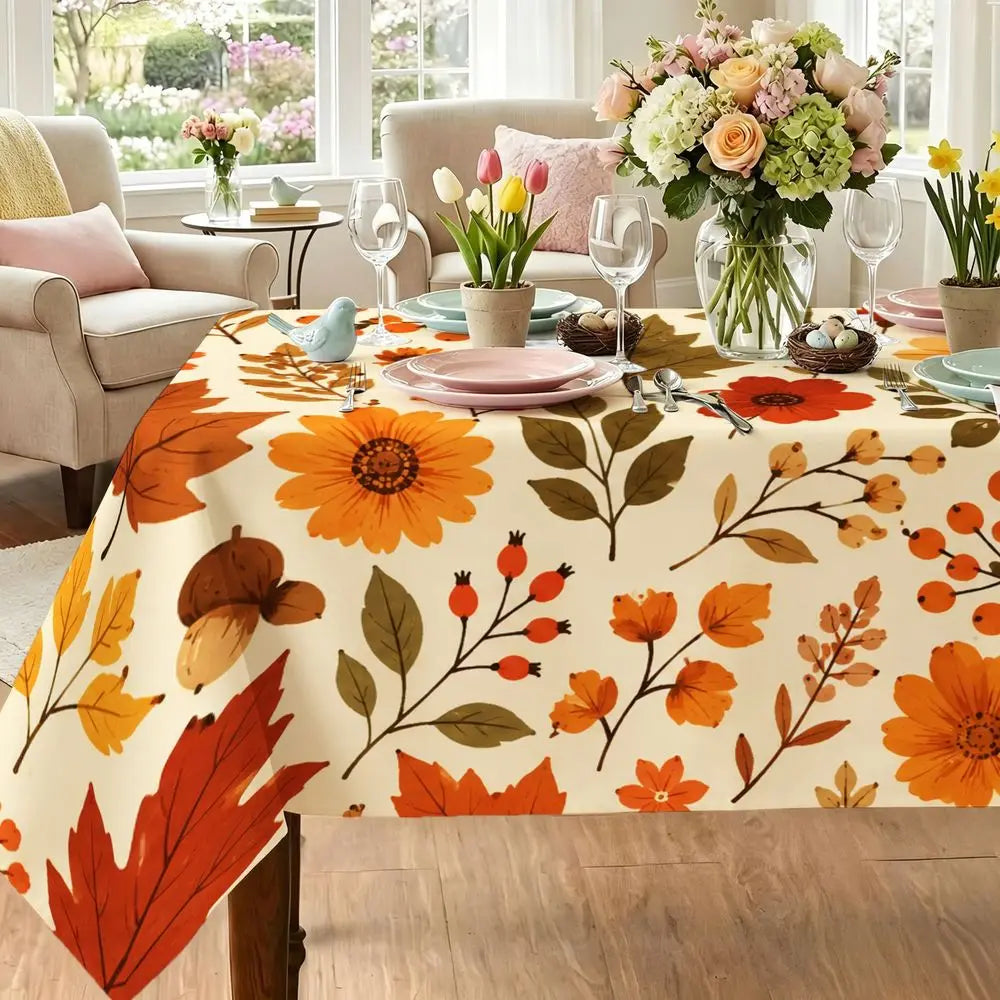 Autumn Harvest Theme Rectangular Tablecloth, Cream Base with Fall Leaves And Berry Print, Durable Fabric for Thanksgiving Dining, Farmhouse Style Table Decor