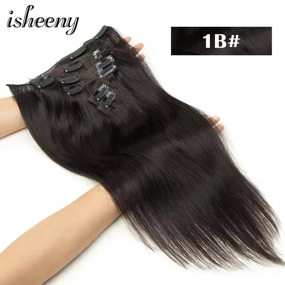 Clip In 100 % Human Hair Extensions Natural Straight 12-24 inches Clip Hair Extension Human Hairpiece 100-120g 7pcs/set isheeny