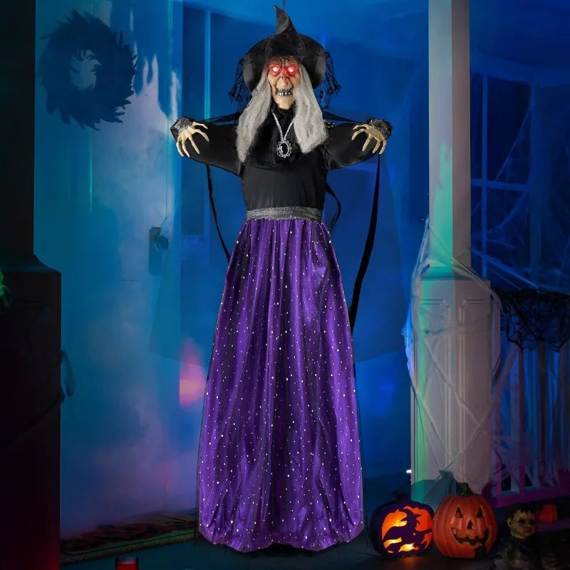 47'' Animated Witch Halloween Decorations Outdoor Indoor Scary Halloween Animatronics Decor, Hanging Ghost Talking Sound Activated Led Lights Eyes Haunted House Yard Garden Lawn
