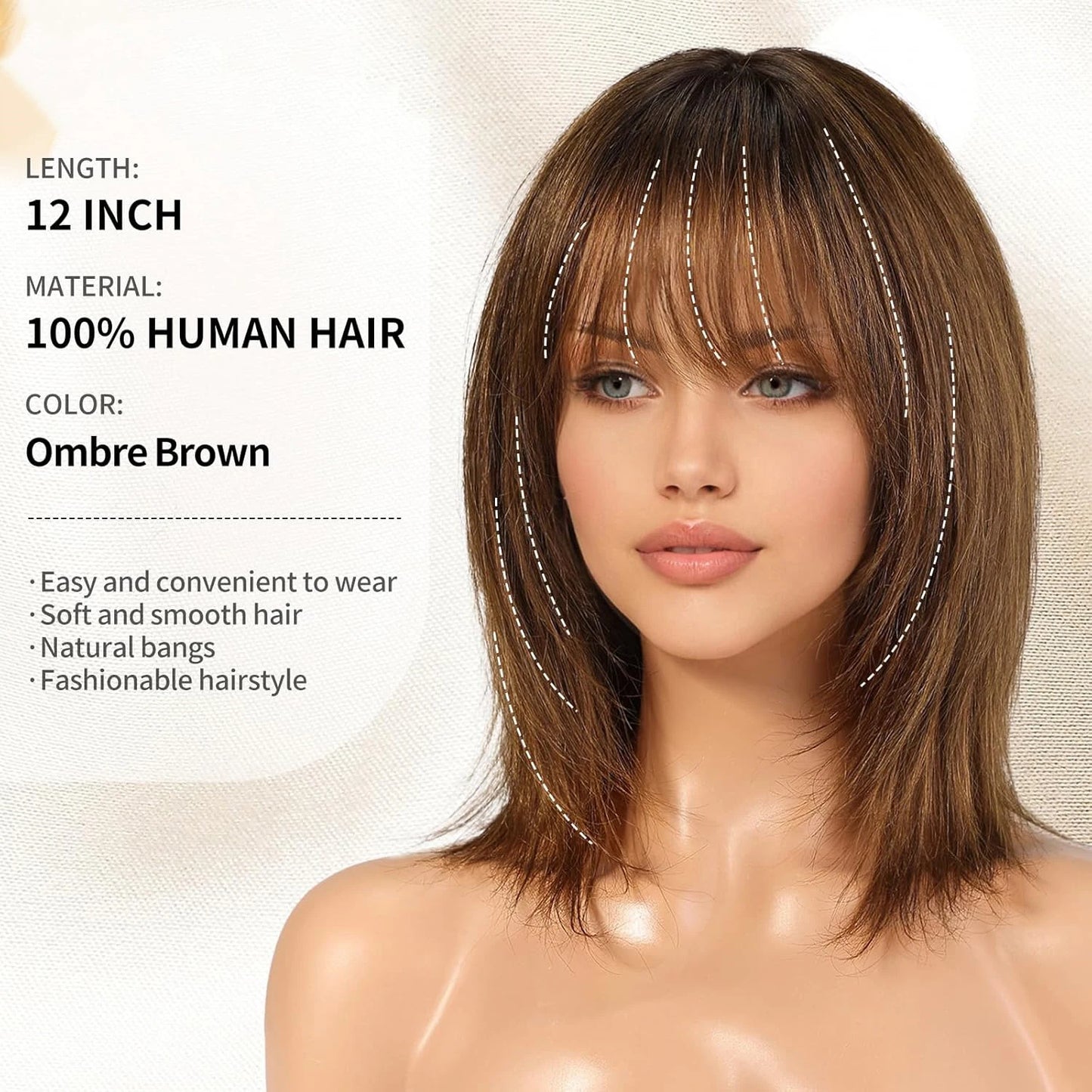 12 Inch Ombre Brown Wigs Human Hair for Women Short Straight Remy Human Hair Wigs With Bangs Brown Natural Hair Real Human Hair