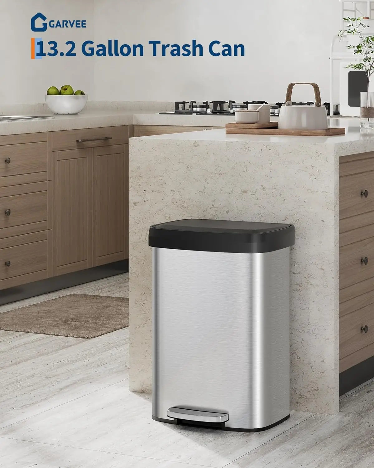 13 gal / 50 L Stainless Steel Trash Can with Lid, Large Garbage Can for Kitchen, Rustproof Step-on Kitchen Metal, Customized