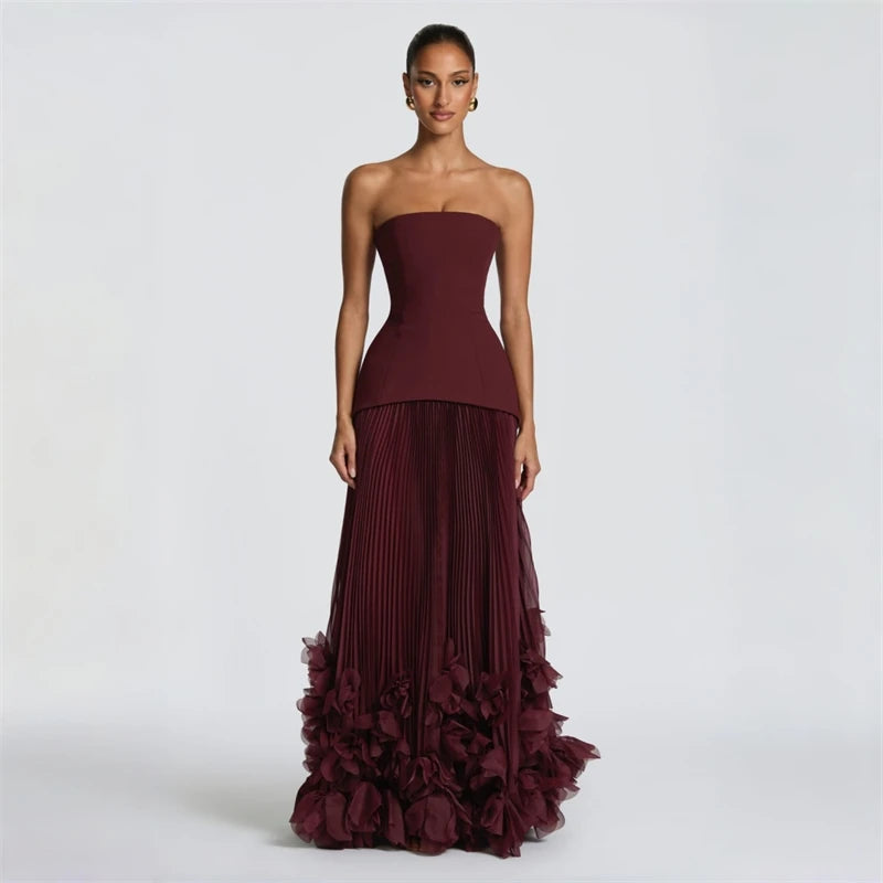 Elegant 3D Flower Lace Up A Line Solid Spliced Sheer Dresses Strapless Sleeveless Patchwork Applique Maxi Dress Female Clothing