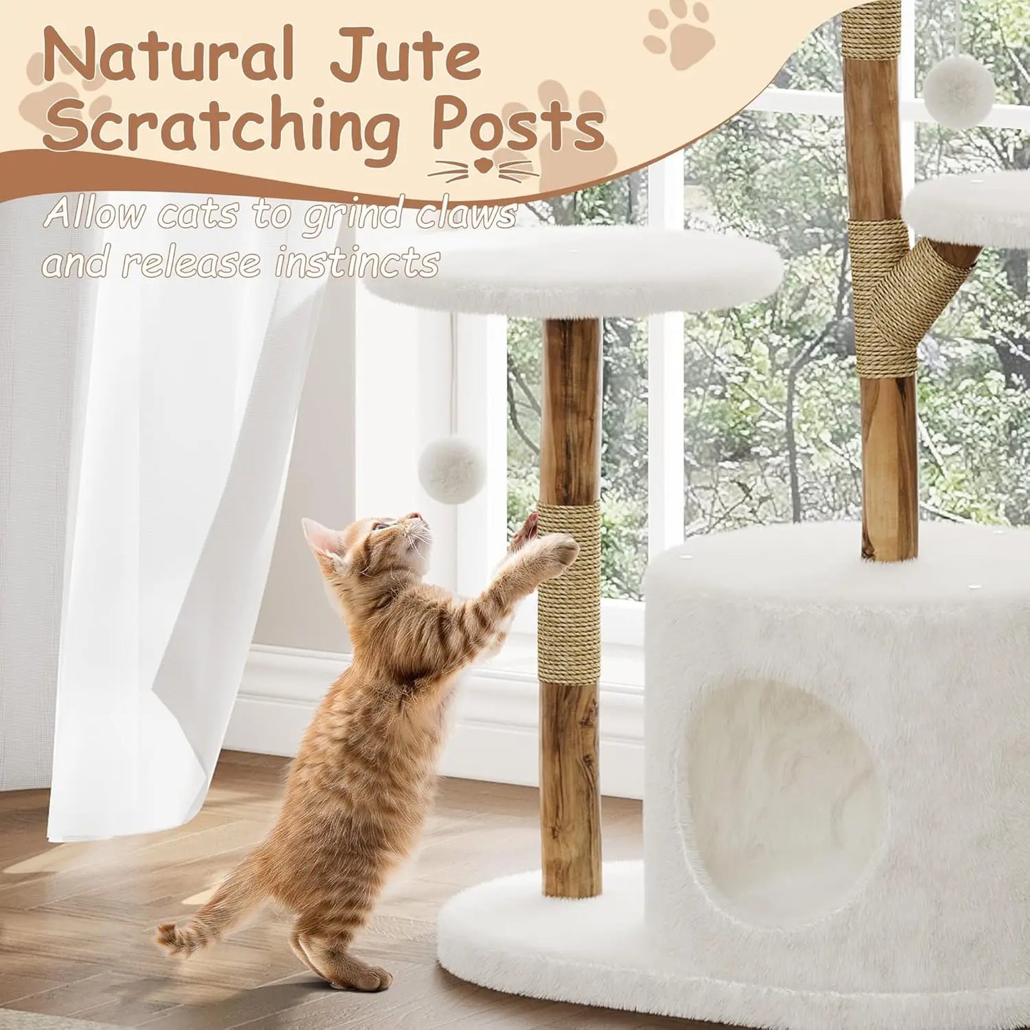 Multi-Level Cat Tree Tower with Bed, Wicker Basket & Condo, Wood Cat Scratching Post Furniture, Natural Pet Climbing Tree Stand