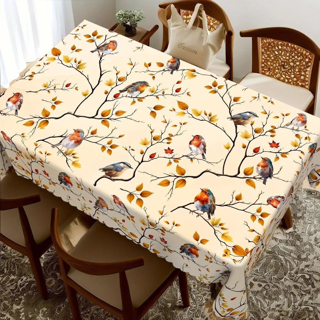 1pc Tablecloth, Autumnal Table, Design with Desolate Maple Leaves And Birds, Retro Country Casual Tablecloth, Autumn Decoration, Polyester Round Rectangular And Oval Tablecloths, Suitable for Indoor/Outdoor Parties, Festive A