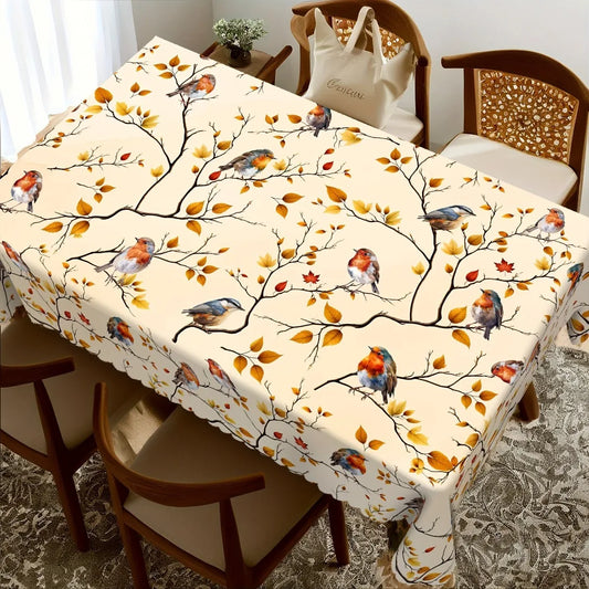 1pc Tablecloth, Autumnal Table, Design with Desolate Maple Leaves And Birds, Retro Country Casual Tablecloth, Autumn Decoration, Polyester Round Rectangular And Oval Tablecloths, Suitable for Indoor/Outdoor Parties, Festive A