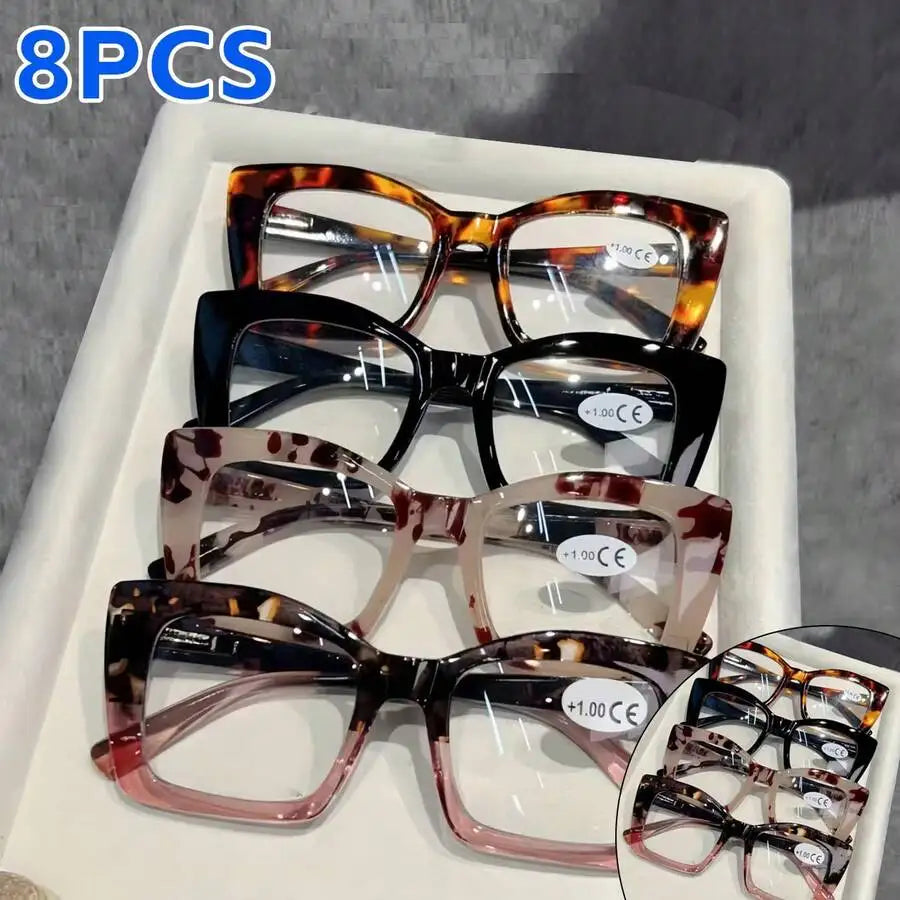 8pcs Square Reading Glasses For Women And Men With Spring Hinge Multiple Colors Computer Book Phone Use