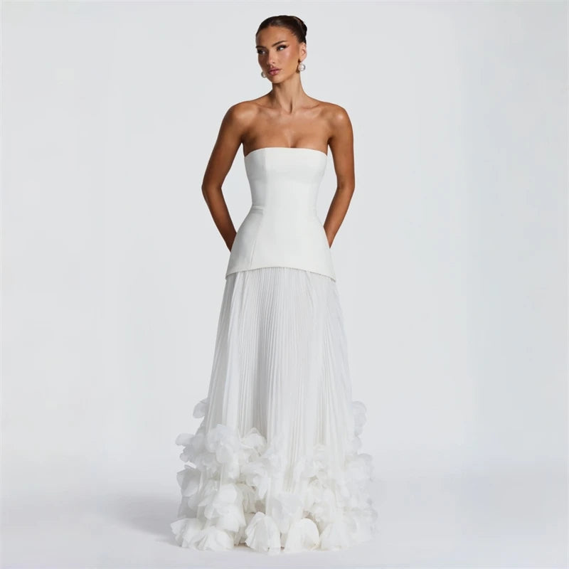 Elegant 3D Flower Lace Up A Line Solid Spliced Sheer Dresses Strapless Sleeveless Patchwork Applique Maxi Dress Female Clothing
