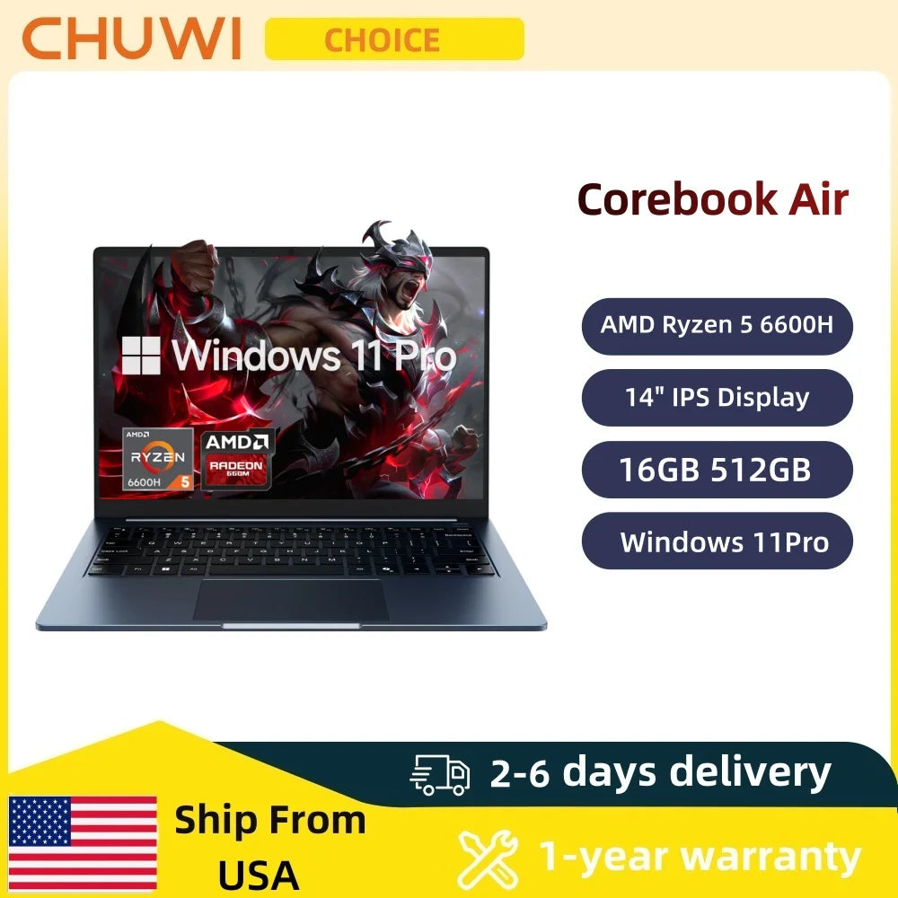 CHUWI Ultra-thin Laptop Corebook Air AMD Ryzen 5 6600H 14 '' IPS Display 6 Cores 12 Threads 1kg Ultra-Light 9-16mm Ultra-Thin Notebook 1920x1200 Resolution Windows 11 Pro