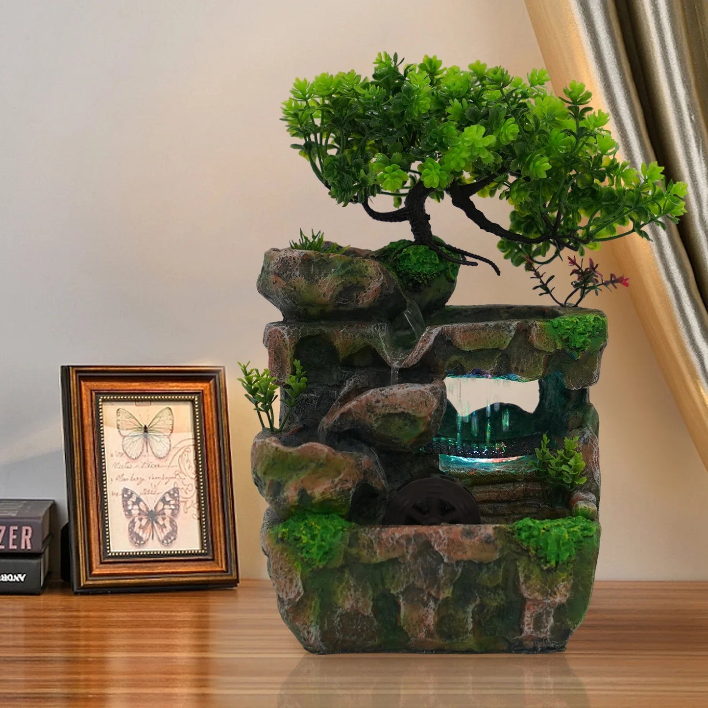 Tabletop Waterfall Fountain, Indoor Waterfall Meditation Fountain with Automatic Pump and LED Light, Relax Desktop Water Decor